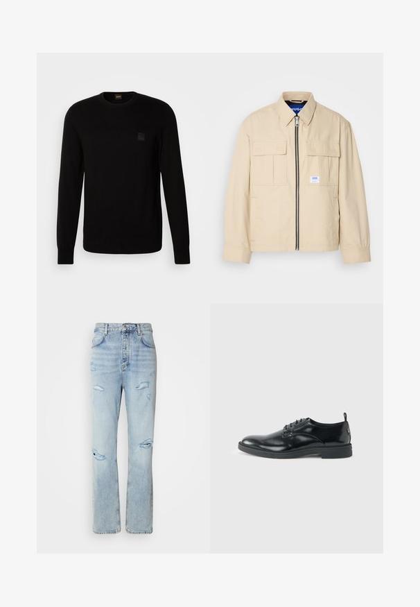 Beige Jacke mit einem Frontreißverschluss, zwei Brusttaschen und einem kleinen Markenetikett. Hergestellt aus einem glatten, leichten Stoff.; Schwarzer Strickpullover mit langen Ärmeln, Rundhalskragen und einem kleinen strukturierten Logo-Patch auf der Brust. Glatte Textur über die gesamte Fläche.; Hellblaue Jeans mit legerer Passform, featuring distressed Stellen und fransigen Kanten. Der Stoff hat eine weiche, glatte Textur.; Glänzender schwarzer Lederschuh mit niedrigem Absatz, Schnürverschluss und runder Kappe, seitlich auf hellem, schlichten Hintergrund gezeigt.