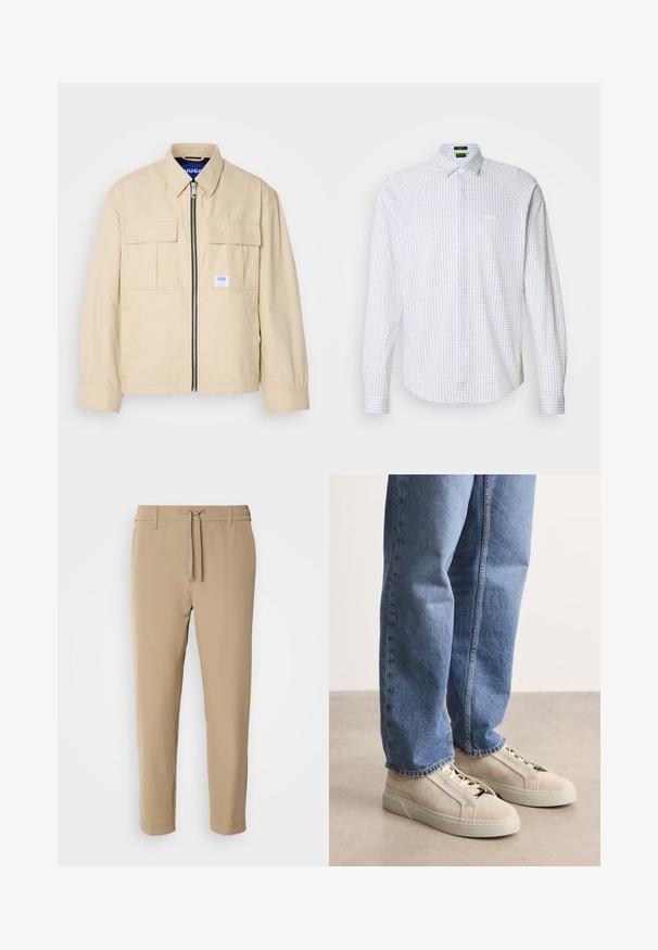 Beige jakke med lynlås foran, to brystlommer og en lille brandingetiket. Fremstillet af et glat, let materiale.; Langærmet skjorte i hvid med et blåt rutenet mønster. Har en klassisk krave og en brystlomme. Glat stof med en struktureret pasform.; Beige, tapered bukser med elastisk talje og snor. Glat stof med et rent design uden synlige mønstre eller hardware.; BOSS GARYTENN_SDHDEL - Sneakers - natural ten