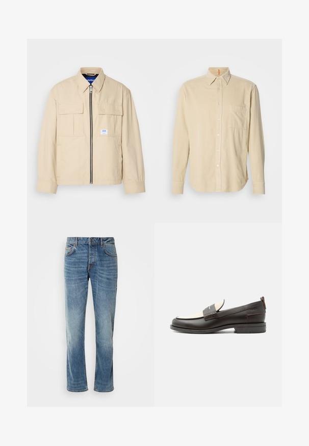 Veste beige avec fermeture éclair à l'avant, deux poches poitrine et une petite étiquette de marque. Fabriquée en tissu lisse et léger.; Chemise en velours côtelé beige à manches longues avec col, poche avant, fermeture à boutons et texture de lignes verticales. Ourlet arrondi et poignets à boutons.; Jean en denim bleu clair avec des jambes droites, cinq poches, des coutures contrastantes et une finition délavée. Dispose d'un bouton et d'un zip pour le maintien.; Mocassin homme en cuir marron foncé avec panneau en tissu écru et détail classique de bride cousue, semelle plate et languette au talon.
