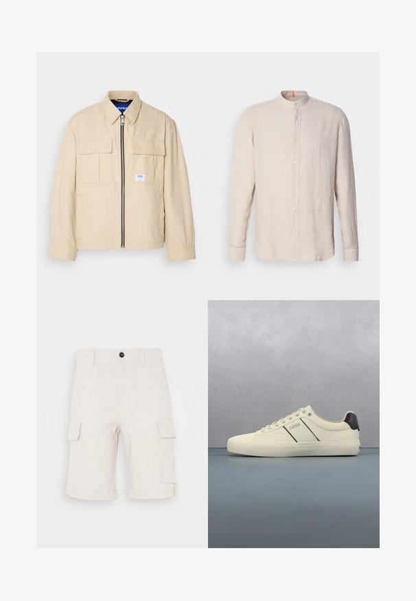 Beige Jacke mit einem Frontreißverschluss, zwei Brusttaschen und einem kleinen Markenetikett. Hergestellt aus einem glatten, leichten Stoff.; Hellbeige Leinenhemd mit langen Ärmeln und Stehkragen, vorderer Knopfverschluss und subtiler Textur. Mit orangefarbenem Akzent am Ausschnitt.; Beige Cargo-Shorts aus leichtem Stoff, mit zwei seitlichen Taschen und umgeschlagenem Saum. Knopfverschluss an der Taille.; Cremfarbene Sneaker mit glatter Oberfläche, die schwarze Akzente und Markenlogo aufweisen. Klassisches Schnürdesign mit runder Zehenform und Gummisohle.