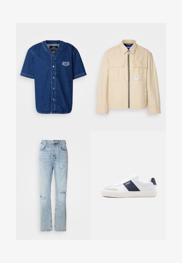 Beige Jacke mit einem Frontreißverschluss, zwei Brusttaschen und einem kleinen Markenetikett. Hergestellt aus einem glatten, leichten Stoff.; Kurzärmliges, knöpfbares Hemd aus dunkelblauem Denim mit klassischem Kragen und weißem gesticktem Logo auf der linken Brust.; Hellblaue Jeans mit legerer Passform, featuring distressed Stellen und fransigen Kanten. Der Stoff hat eine weiche, glatte Textur.; Weißer Sneaker mit niedrigem Schaft, marineblauem Seitenstreifen, "BOSS" Logo, beiger Zehenkappe und weißer Sohle, seitlich auf hellem Hintergrund gezeigt.
