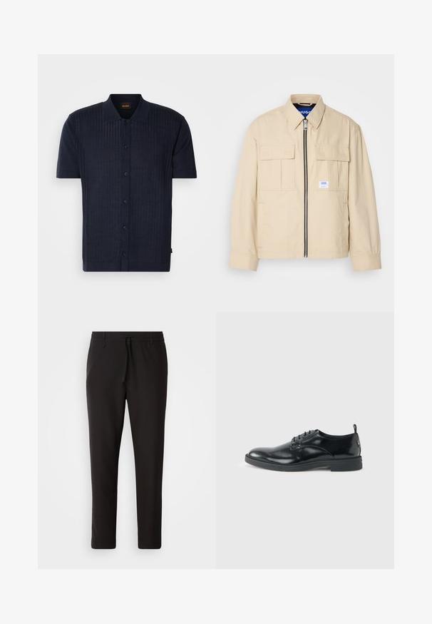 Veste beige avec fermeture éclair à l'avant, deux poches poitrine et une petite étiquette de marque. Fabriquée en tissu lisse et léger.; Polo shirt navy à manches courtes fabriqué en tissu tricoté texturé avec des côtes verticales, un col et une fermeture à boutons sur le devant.; Pantalons de jogging noirs en tissu lisse. Dotés d'une taille élastique avec cordon de serrage, jambes fuselées, et sans poches visibles. Design simple.; Chaussure habillée en cuir noir brillant avec un petit talon, fermeture à lacets et bout rond, vue de côté sur un fond uni et clair.