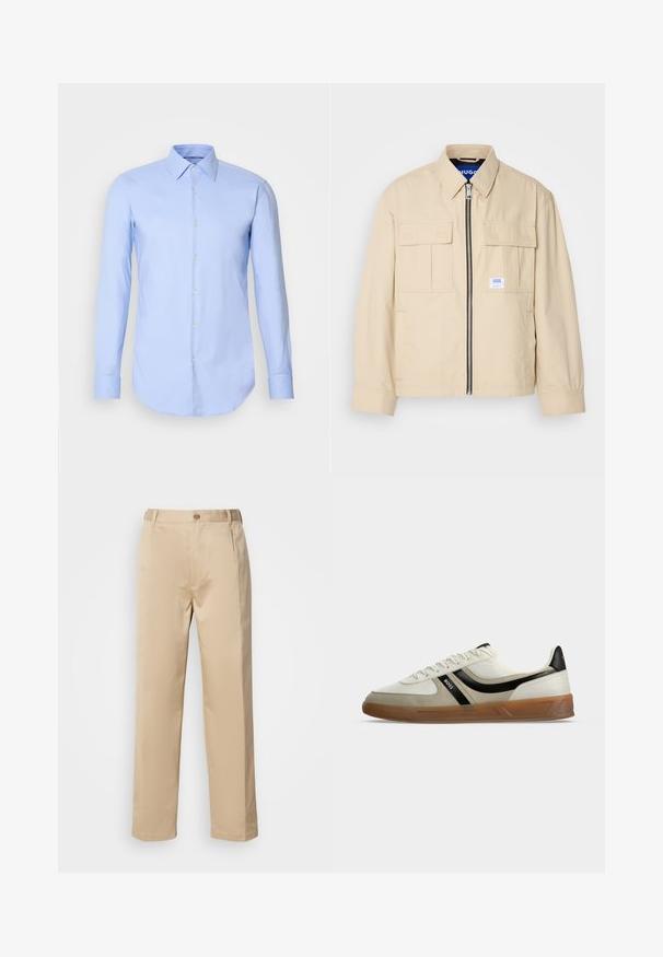 Veste beige avec fermeture éclair à l'avant, deux poches poitrine et une petite étiquette de marque. Fabriquée en tissu lisse et léger.; Chemise à manches longues bleu clair en coton, dotée d'un devant à boutons, d'un col et d'un ourlet arrondi. Texture lisse sans motifs.; Pantalons beiges en tissu léger, avec une coupe droite, une taille avec passants de ceinture et une fermeture à bouton sur le devant.; Baskets basses blanches et beiges avec détail de rayure noire, semelle en caoutchouc marron et logo BOSS sur le côté, photographiées sur fond blanc.