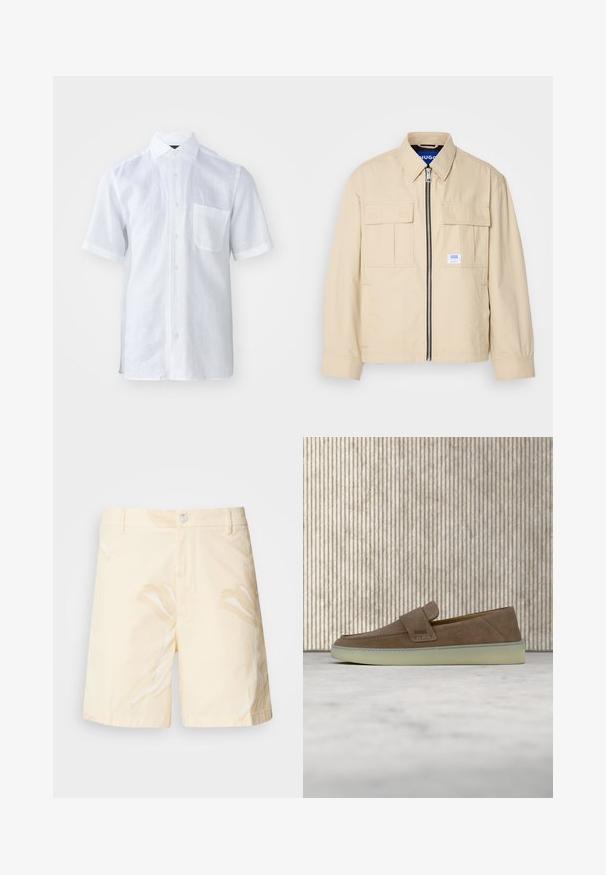 Veste beige avec fermeture éclair à l'avant, deux poches poitrine et une petite étiquette de marque. Fabriquée en tissu lisse et léger.; Chemise blanche à manches courtes en lin léger avec un col à bouton, une poche avant et une surface légèrement texturée.; Shorts en coton de couleur jaune pâle avec un motif floral. Dotés d'une fermeture à bouton, de poches avant et d'une coupe droite avec des bords ourlés.; Mocassin beige en daim sans lacets avec semelle en caoutchouc blanche et logo BOSS sur la sangle latérale, présenté sur un fond neutre uni.