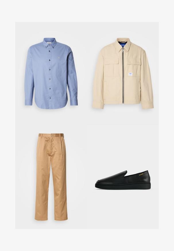 Beige Jacke mit einem Frontreißverschluss, zwei Brusttaschen und einem kleinen Markenetikett. Hergestellt aus einem glatten, leichten Stoff.; Helles blaues Hemd mit langen Ärmeln, aus glattem Stoff gefertigt. Verfügt über einen klassischen Kragen, schwarze Knöpfe und ein kleines Logo auf der Brust.; Khaki-Hosen aus Baumwollmischung, im geraden Schnitt, mit Vorderfalten, Gürtelschlaufen und Knopfverschluss. Glatte Textur ohne Muster.; Ein einzelner schwarzer Lederschuh zum Hineinschlüpfen mit dicker Sohle und "HUGO" Branding in Gold nahe der Ferse auf einem einfarbigen hellgrauen Hintergrund.