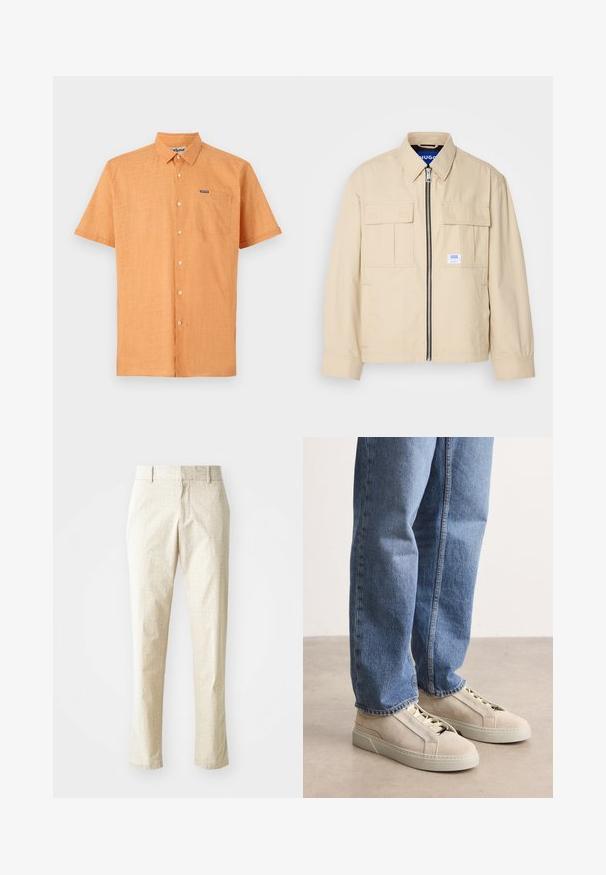 Beige jas met een voorkleurige rits, twee borstzakken en een klein merkembleem. Gemaakt van een gladde, lichtgewicht stof.; Korte mouwen oranje shirt van gestructureerde stof, met een button-down kraag en een borstzak met een merklogo.; Lichtbeige op maat gemaakte broeken met een gestructureerd patroon, rechte pasvorm en een middelhoge tailleband, voorzien van riemlussen en zonder zichtbare zakken.; BOSS GARYTENN_SDHDEL - Sneakers laag - natural ten