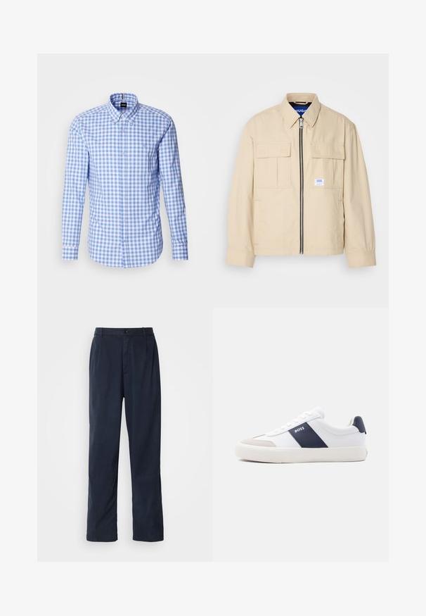Chaqueta beige con cremallera frontal, dos bolsillos en el pecho y una pequeña etiqueta de marca. Fabricada en una tela suave y ligera.; Camisa de patrón de cuadros azul y blanco con mangas largas, cuello abotonado y bordado del logo en el pecho. Material de algodón suave.; Pantalones azul marino de mezcla de algodón. Cuentan con un diseño de pierna recta, cierre frontal con boton, y pliegues sutiles. Textura suave.; Zapatilla blanca de corte bajo con raya lateral azul marino, logo "BOSS", puntera beige y suela blanca, mostrada de perfil sobre un fondo claro.