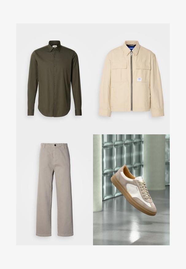 Veste beige avec fermeture éclair à l'avant, deux poches poitrine et une petite étiquette de marque. Fabriquée en tissu lisse et léger.; Calvin Klein SLIM - Chemise - forest; Pantalons larges beiges en coton doux, dotés d'une fermeture à bouton et de passants de ceinture. Texture lisse avec un design épuré et minimal.; Baskets beige et blanches avec semelle marron clair et logo « BOSS », suspendues au-dessus d’un sol lisse et réfléchissant avec un mur en parpaings de verre en arrière-plan.