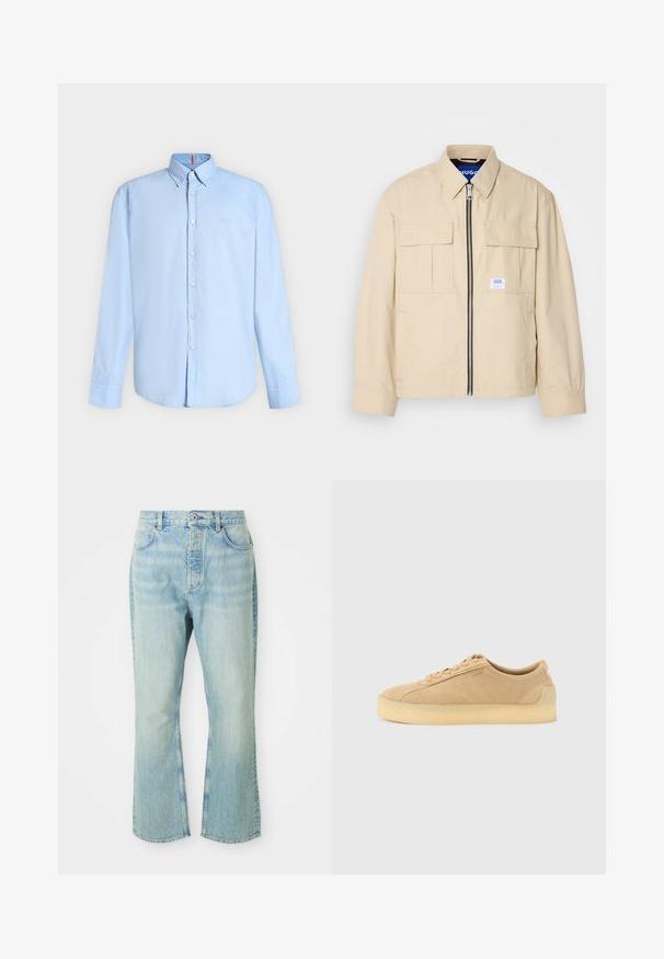 Beige jakke med lynlås foran, to brystlommer og en lille brandingetiket. Fremstillet af et glat, let materiale.; Lyseblå skjorte med lange ærmer, knapper og en knappet krave med hvide knapper, vist på en ensfarvet lys baggrund.; Lysblå denim flared jeans med høj talje, der har fem lommer, bæltestropper og en toned vævning.; Beige ruskind lavtop-sneaker med tyk gummsål, snørebånd foran og diskret branding på siden på en ensartet lys grå baggrund.