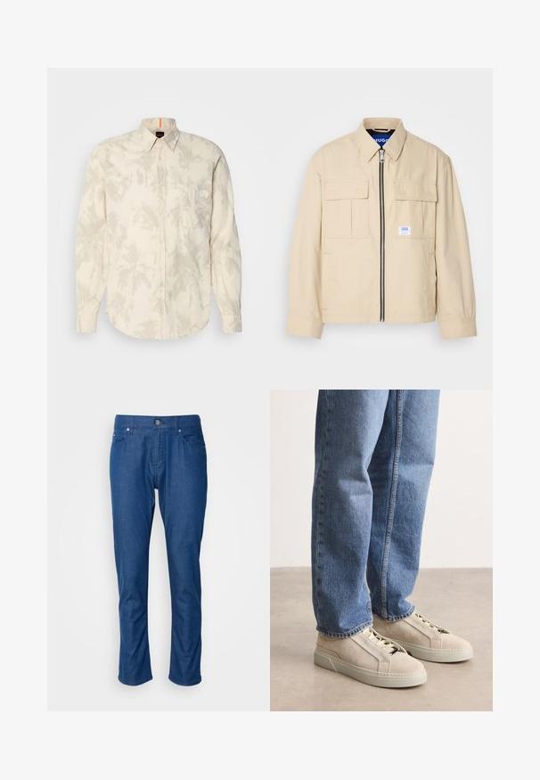 Beige jakke med lynlås foran, to brystlommer og en lille brandingetiket. Fremstillet af et glat, let materiale.; Lyscreme knap-up skjorte med et palmebladsmønster, lange ærmer, en brystlomme og en rund kant. Lavet af blødt stof med en glat tekstur.; Blå denimbukser med lige ben-design, frontlommer og enkelt knaplukning. Glat tekstur med minimal detaljering.; BOSS GARYTENN_SDHDEL - Sneakers - natural ten