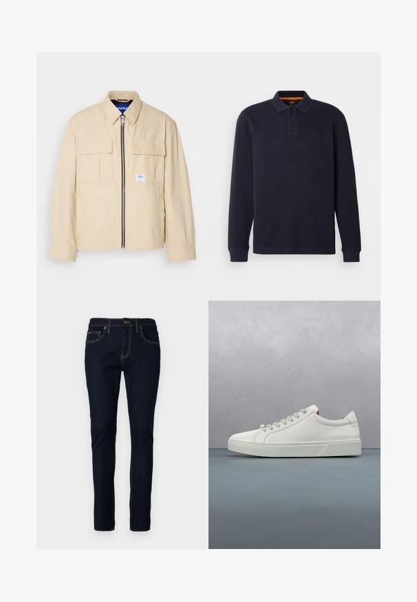 Beige Jacke mit einem Frontreißverschluss, zwei Brusttaschen und einem kleinen Markenetikett. Hergestellt aus einem glatten, leichten Stoff.; Marineblaue langärmelige Poloshirt aus strukturiertem Stoff mit einer Knopfleiste am Hals. Verfügt über ein kleines gesticktes Logo auf der Brust.; Dunkelblaue Jeans aus Denim im Slim-Fit, mit gestickten Details, fünf Taschen und einem Knopfverschluss an der Taille.; Weißes Leder-Sneaker mit abgerundetem Zehenbereich, minimalistisches Design, graue Schnürsenkel und einer strukturierten grauen Gummisohle. Dezente Nähte sichtbar.