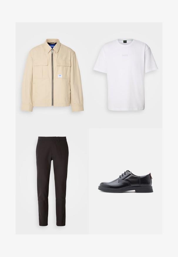 Beige jakke med lynlås foran, to brystlommer og en lille brandingetiket. Fremstillet af et glat, let materiale.; Hvid bomulds T-shirt med korte ærmer, rund halsudskæring og præget "BOSS" logo på brystet. Glat tekstur, standard pasform.; Sorte bukser lavet af glat stof, med lige snit, standard linning med knaplukning og uden synlige lommer eller mønstre.; Sorte snørestøvler i læder med glat tekstur, rundet tå og diskrete syningsdetaljer. Har en rød trækflig på hælen.