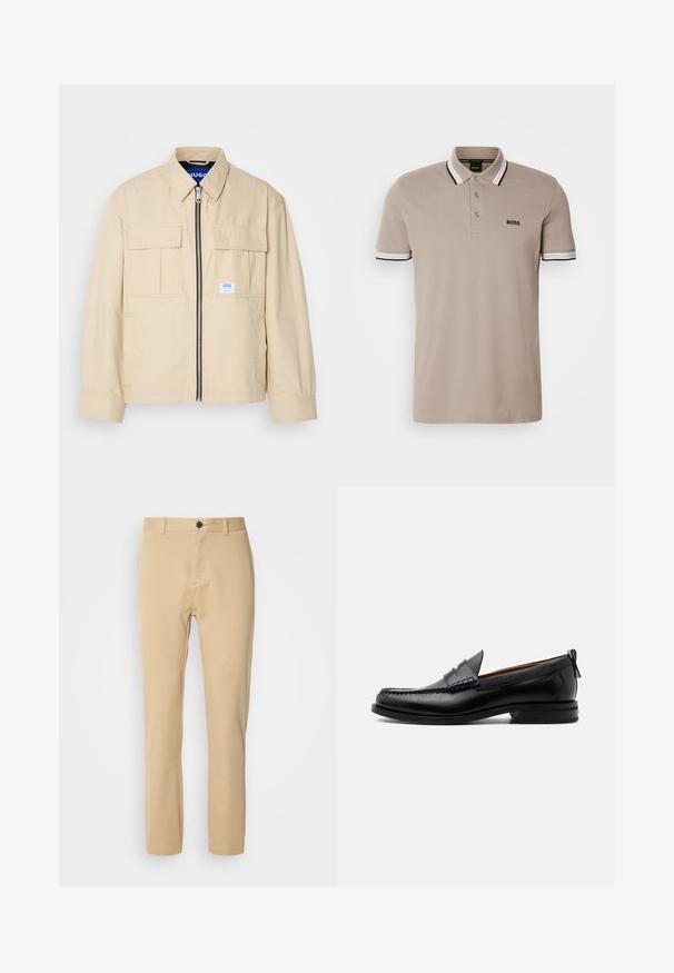 Veste beige avec fermeture éclair à l'avant, deux poches poitrine et une petite étiquette de marque. Fabriquée en tissu lisse et léger.; Polo beige avec un col classique, des manches courtes, et des finitions ornées d'accents noirs et blancs. Logo 'BOSS' brodé sur la poitrine.; Chino beige en tissu coton lisse, coupe slim, devant plat, passants de ceinture et fermeture à un bouton. Design ajusté avec des coutures discrètes.; Mocassin homme en cuir noir avec couture moc toe, bride penny, col texturé et petit talon empilé sur fond blanc.