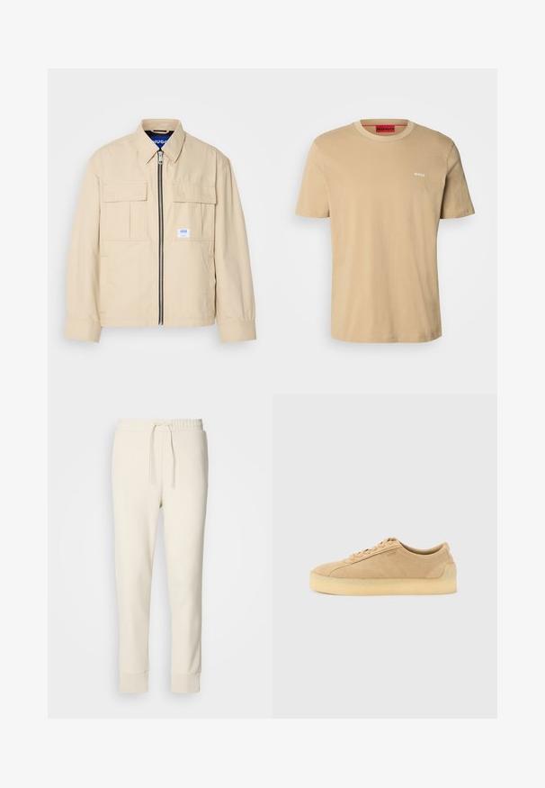 Chaqueta beige con cremallera frontal, dos bolsillos en el pecho y una pequeña etiqueta de marca. Fabricada en una tela suave y ligera.; Camiseta de algodón beige con cuello redondo, mangas cortas y un pequeño logo blanco "HUGO" en el pecho. Textura suave sin patrones.; Pantalones de chándal ajustados en color blanco roto con cintura elástica, cordones ajustables y tobillos con puños sobre un fondo blanco liso.; Zapatilla baja de ante beige con suela gruesa de goma, cierre delantero de cordones y sutil marca lateral sobre un fondo gris claro liso.