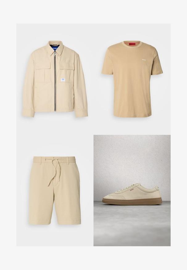 Chaqueta beige con cremallera frontal, dos bolsillos en el pecho y una pequeña etiqueta de marca. Fabricada en una tela suave y ligera.; Camiseta de algodón beige con cuello redondo, mangas cortas y un pequeño logo blanco "HUGO" en el pecho. Textura suave sin patrones.; Pantalones cortos beige de tela texturizada, con cintura elástica y cordón ajustable, y bolsillos laterales para mayor funcionalidad.; Zapatilla de ante beige claro con suela de goma color caramelo, cordones prominentes y detalles de costura sutiles. Diseño limpio con una estética minimalista.