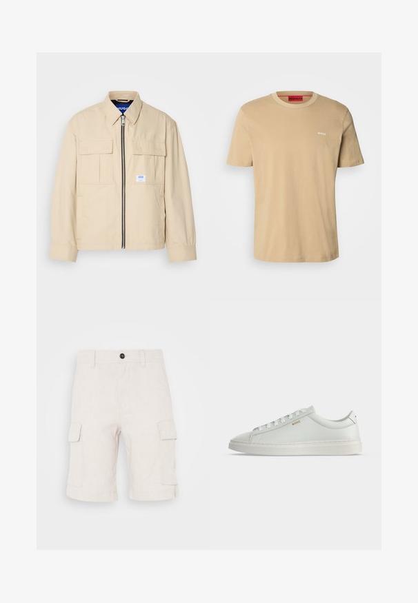 Beige jas met een voorkleurige rits, twee borstzakken en een klein merkembleem. Gemaakt van een gladde, lichtgewicht stof.; Beige katoenen t-shirt met een ronde hals, korte mouwen en een klein wit "HUGO" logo op de borst. Een gladde textuur zonder patronen.; Beige cargoshorts van lichtgewicht stof, met twee zijzakken en een omgeslagen zoom. Knopsluiting aan de taille.; Witte lage leren sneaker met veters, platte zool en klein gouden "BOSS" logo aan de zijkant, gezien vanaf de buitenkant.