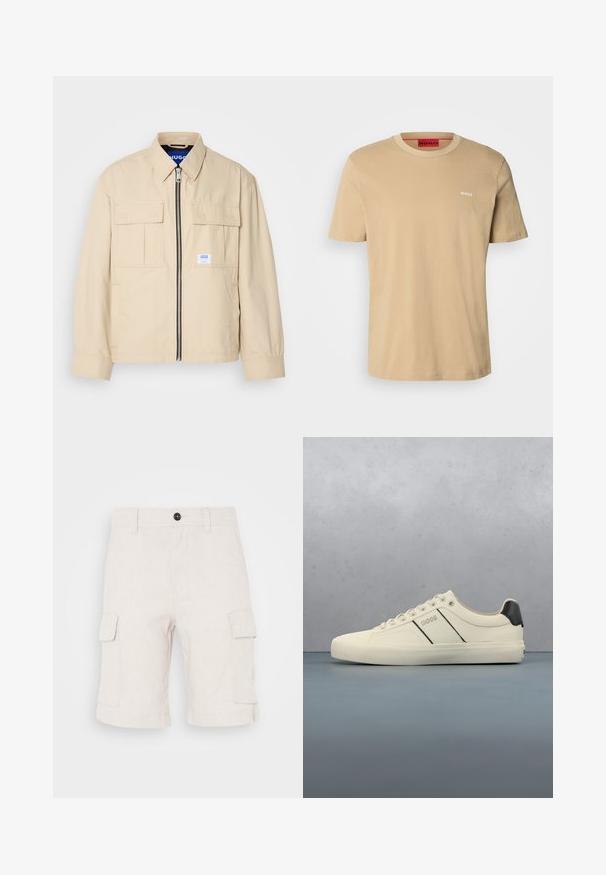 Beige jakke med lynlås foran, to brystlommer og en lille brandingetiket. Fremstillet af et glat, let materiale.; Beige bomulds t-shirt med rund halsudskæring, korte ærmer og et lille hvidt "HUGO" logo på brystet. Glat tekstur uden mønstre.; Beige cargo shorts lavet af letvægtsstof, med to sidelommer og en foldet nederkant. Knaplukning i taljen.; Cremefarvede sneakers med en glat tekstur, der har sorte accenter og branding. Klassisk snørebåndsdesign med rund tå og gummisål.