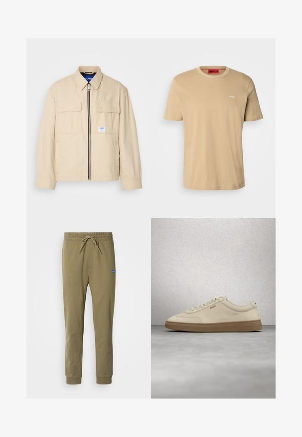 Beige jakk, millel on esiküljel tõmblukk, kaks rinna taskut ja väike brändi silt. Valmistatud siledast, kergest kangast.; Beige puuvillane t-särk, millel on ümmargune kaelus, lühikesed varrukad ja väike valge "HUGO" logo rinnal. Sile tekstuur ilma mustriteta.; Olivroheline dressipüüks koos elastse vöökoha ja paelaga. Omab küljetaskuid ja soonikuid mansette. Valmistatud pehmest, venivast materjalist.; Helebeežist beežist pastellseemisnahast toss, kummisest kummist tallaga, silmapaistvate paelte ja peenikeste õmblustega. Puhas disain minimalistliku esteetikaga.