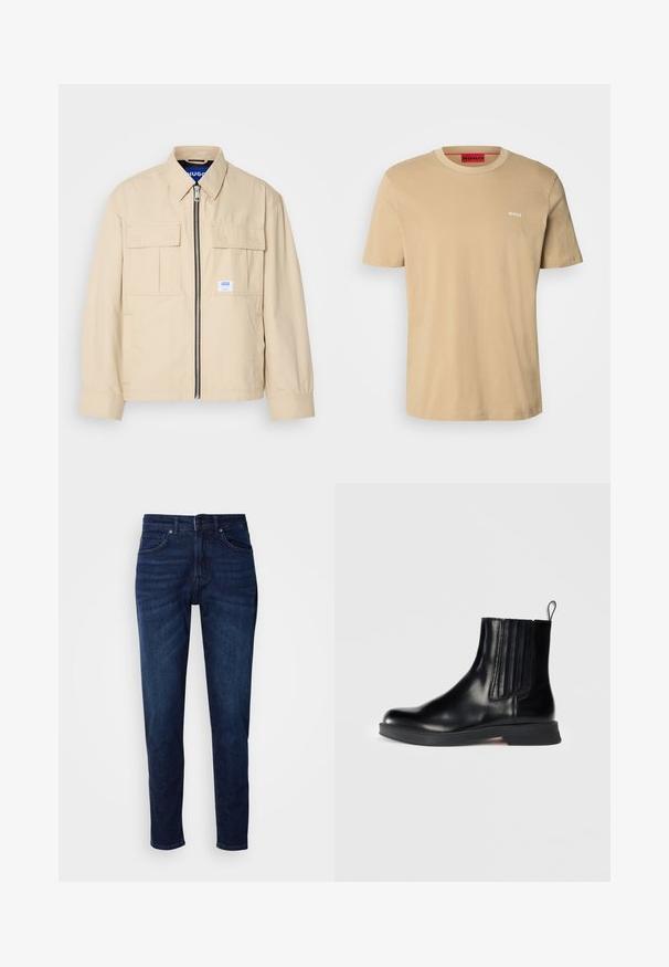 Beige Jacke mit einem Frontreißverschluss, zwei Brusttaschen und einem kleinen Markenetikett. Hergestellt aus einem glatten, leichten Stoff.; Beige Baumwoll-T-Shirt mit Rundhalsausschnitt, kurzen Ärmeln und einem kleinen weißen "HUGO"-Logo auf der Brust. Glatte Textur ohne Muster.; Dunkelblaue Jeans aus Denim mit geradem Bein, ausgestattet mit Taschen und einem Knopfverschluss an der Taille. Weiche Textur, minimale Ausbleichungen.; Schwarze Lederstiefelette mit elastischen Seiteneinsätzen, runder Zehenpartie, niedrigem Blockabsatz und Zuglasche. Verfügt über eine glänzende Textur und ein elegantes Design.