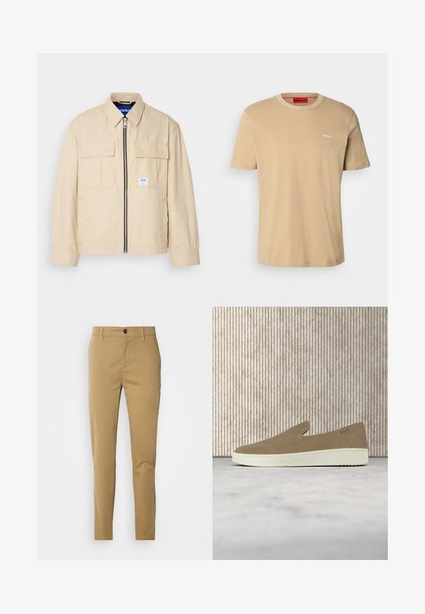 Beige Jacke mit einem Frontreißverschluss, zwei Brusttaschen und einem kleinen Markenetikett. Hergestellt aus einem glatten, leichten Stoff.; Beige Baumwoll-T-Shirt mit Rundhalsausschnitt, kurzen Ärmeln und einem kleinen weißen "HUGO"-Logo auf der Brust. Glatte Textur ohne Muster.; Khakihosen aus Baumwolle. Slim-Fit-Design mit glatter Textur, Fronttaschen und einem einzigen Knopfverschluss an der Taille.; Beiger Slipper mit weißer Sohle, in der Luft über einem hellen Teppich schwebend, mit bernsteinfarbenen transparenten Möbeln im Hintergrund.