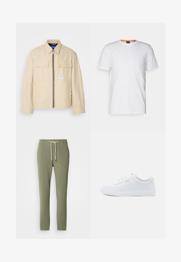Beige Jacke mit einem Frontreißverschluss, zwei Brusttaschen und einem kleinen Markenetikett. Hergestellt aus einem glatten, leichten Stoff.; Weißes Baumwoll-T-Shirt mit Rundhalsausschnitt, kurzen Ärmeln und einem dezenten geprägten Logo auf der Brust. Das Innenschild hat einen orangefarbenen Akzent.; Grüne gerippte Hosen mit einem Kordelzugbund, die eine glatte Textur und schmal zulaufende Beine aufweisen. Dezente silberne Details an den Kordelzugspitzen.; Weiße Leder-Sneaker mit glatter Textur, runder Zehenpartie und tonal abgestepptem Design. Mit blauen Schnürsenkeln und einem goldenen Logo an der Seite.
