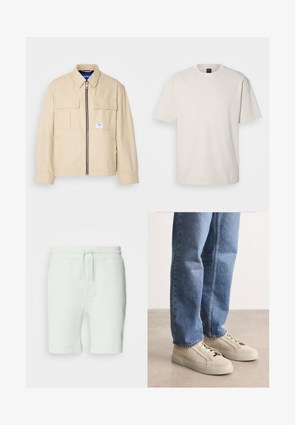 Beige Jacke mit einem Frontreißverschluss, zwei Brusttaschen und einem kleinen Markenetikett. Hergestellt aus einem glatten, leichten Stoff.; Kurzärmliges T-Shirt mit Rundhalsausschnitt aus Baumwolle in Off-White, mit geradem Schnitt und minimalem Branding am Kragen. Weiche Textur, keine Muster.; Helle mintgrüne Baumwollshorts mit elastischem Bund, verstellbarem Kordelzug, seitlichen Taschen und Logodetail am rechten Bein.; BOSS GARYTENN_SDHDEL - Sneaker low - natural ten