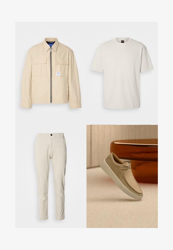 Beige jas met een voorkleurige rits, twee borstzakken en een klein merkembleem. Gemaakt van een gladde, lichtgewicht stof.; Korte mouwen, ronde hals t-shirt in off-wit katoen, met een rechte snit en minimale merkvermelding op de hals. Zachte textuur, geen patronen.; Beige chino's met een rechtstaande pijp, gemaakt van zachte katoenstof, voorzien van een rits en een enkele zwarte knoopsluiting.; Beige suède sneaker met witte dikke zool en veters, geplaatst op een gestructureerd beige tapijt met een ronde glanzende bruine tafel op de achtergrond.