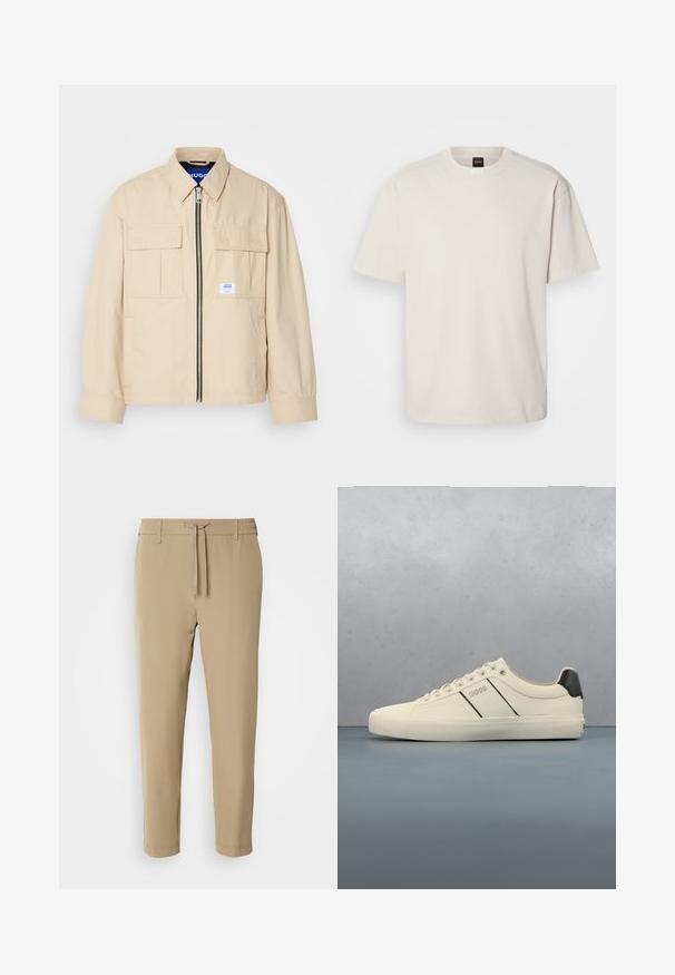 Beige Jacke mit einem Frontreißverschluss, zwei Brusttaschen und einem kleinen Markenetikett. Hergestellt aus einem glatten, leichten Stoff.; Kurzärmliges T-Shirt mit Rundhalsausschnitt aus Baumwolle in Off-White, mit geradem Schnitt und minimalem Branding am Kragen. Weiche Textur, keine Muster.; Beige, taillierte Hose mit elastischem Bund und Kordelzug. Glattes Material mit einem schlichten Design ohne sichtbare Muster oder Hardware.; Cremfarbene Sneaker mit glatter Oberfläche, die schwarze Akzente und Markenlogo aufweisen. Klassisches Schnürdesign mit runder Zehenform und Gummisohle.