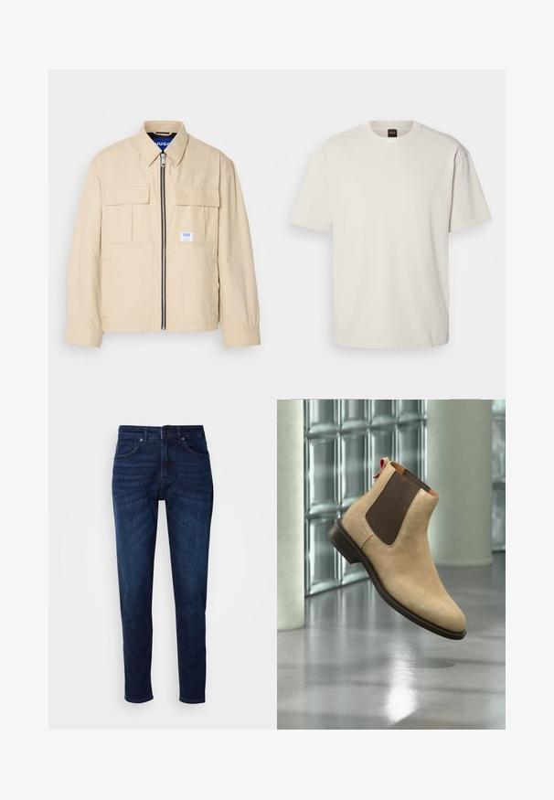 Beige jas met een voorkleurige rits, twee borstzakken en een klein merkembleem. Gemaakt van een gladde, lichtgewicht stof.; Korte mouwen, ronde hals t-shirt in off-wit katoen, met een rechte snit en minimale merkvermelding op de hals. Zachte textuur, geen patronen.; Donkerblauwe denim jeans met een rechte pijpdesign, voorzien van zakken en een knoopsluiting bij de taille. Zachte textuur, minimale vervagingdetails.; Beige suède Chelsea-laars met donkerbruine elastische zijpanelen en trekband, getoond zwevend boven een reflecterende gepolijste vloer binnen.