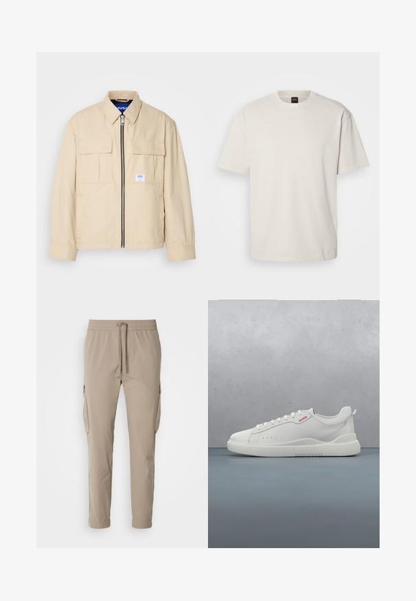 Beige jakke med lynlås foran, to brystlommer og en lille brandingetiket. Fremstillet af et glat, let materiale.; Kortærmet, crew-neck t-shirt i off-white bomuld med lige snit og minimal branding på kraven. Blød tekstur, uden mønstre.; Beige cargo bukser med elastisk talje og snøre. Har sidelommer og en tapered ben design, lavet af letvægtsstof.; Hvide sneakers med en glat læderfinish, rund tå, fire snørehuller, subtile perforeringer og en rød logo detalje på siden.