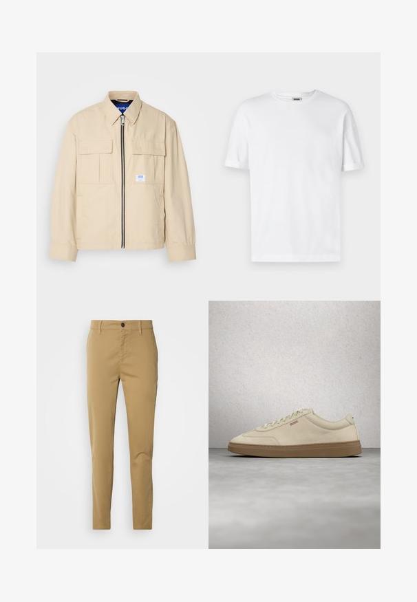 Beige Jacke mit einem Frontreißverschluss, zwei Brusttaschen und einem kleinen Markenetikett. Hergestellt aus einem glatten, leichten Stoff.; Weißes Baumwoll-T-Shirt mit Rundhalsausschnitt, kurzen Ärmeln und umgeschlagenen Bündchen; schlichtes Design, weiche Textur und gerade geschnitten.; Khakihosen aus Baumwolle. Slim-Fit-Design mit glatter Textur, Fronttaschen und einem einzigen Knopfverschluss an der Taille.; Hellbeiger Wildledersneaker mit Gummisohle, auffälligen Schnürsenkeln und dezenten Nahtdetails. Sauberes Design mit minimalistischem Ästhetik.