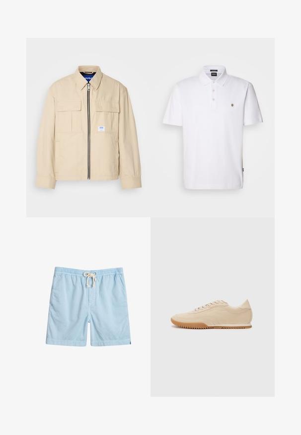 Beige Jacke mit einem Frontreißverschluss, zwei Brusttaschen und einem kleinen Markenetikett. Hergestellt aus einem glatten, leichten Stoff.; Weißes Kurzarm-Polohemd aus Baumwolle, mit klassischem Kragen, Knopfleiste mit drei Knöpfen und kleinem Logo auf der Brust.; Helle blaue Badeshorts aus weichem Stoff, mit elastischem Bund, vorderen Taschen und einer verstellbaren Kordel.; Beige Wildledersneaker mit einem schlanken Design, einer strukturierten Oberseite, abgerundetem Fuß und einer Gummisohle mit Zickzackmuster.