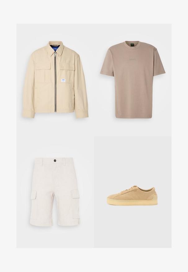 Beige jas met een voorkleurige rits, twee borstzakken en een klein merkembleem. Gemaakt van een gladde, lichtgewicht stof.; Beige t-shirt met korte mouwen van zachte katoen met een ronde hals, voorzien van een geborduurd 'BOSS' logo op de borst.; Beige cargoshorts van lichtgewicht stof, met twee zijzakken en een omgeslagen zoom. Knopsluiting aan de taille.; Beige suède lage sneaker met dikke gumzool, vetersluiting aan de voorkant en subtiele zijkant branding op een effen lichtgrijze achtergrond.
