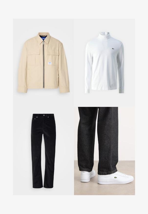 Veste beige avec fermeture éclair à l'avant, deux poches poitrine et une petite étiquette de marque. Fabriquée en tissu lisse et léger.; Chemise à col roulé blanche à manches longues en tissu doux, ornée d'un petit logo brodé vert sur la poitrine et de poignets ajustés.; Pantalons en velours côtelé noir avec une coupe droite. Présentent une fermeture à bouton et un style à cinq poches. Tissu texturé à côtes.; Baskets en cuir blanc au design bas et logo vert, assorties à un jean en denim foncé avec des coutures jaunes.