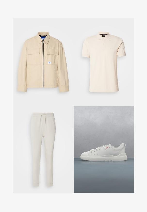 Beige jakke med lynlås foran, to brystlommer og en lille brandingetiket. Fremstillet af et glat, let materiale.; Beige polo-shirt lavet af bomuld, med krave og to-knaps placket. "BOSS" logoet broderet på brystet, korte ærmer, enkelt design.; Lys beige sweatpants lavet af blødt, tekstureret stof. Har en snørre i taljen, ribbede manchetter og sidelommer. Skræddersyet pasform.; Hvide sneakers med en glat læderfinish, rund tå, fire snørehuller, subtile perforeringer og en rød logo detalje på siden.