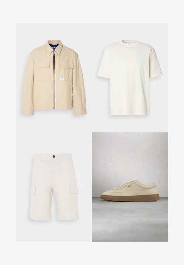 Beige jas met een voorkleurige rits, twee borstzakken en een klein merkembleem. Gemaakt van een gladde, lichtgewicht stof.; Effen off-white T-shirt met korte mouwen en ronde hals, unisex ontwerp, weergegeven op een neutrale grijze achtergrond.; Beige cargoshorts van lichtgewicht stof, met twee zijzakken en een omgeslagen zoom. Knopsluiting aan de taille.; Lichtbeige suède sneaker met een zool van gumrubber, opvallende veters en subtiele stikdetails. Strak ontwerp met een minimalistische uitstraling.