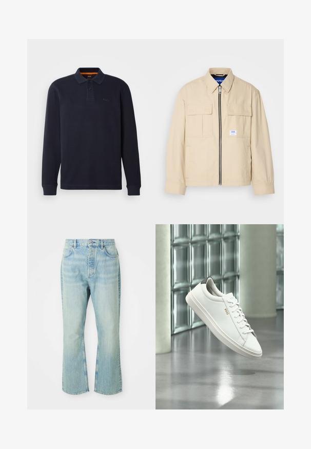 Veste beige avec fermeture éclair à l'avant, deux poches poitrine et une petite étiquette de marque. Fabriquée en tissu lisse et léger.; Polo shirt à manches longues bleu marine en tissu texturé avec une ouverture pour le col boutonnée. Présente un petit logo brodé sur la poitrine.; Jeans évasés en denim bleu clair avec une taille haute, dotés de cinq poches, de passants de ceinture et d'une texture délavée.; Baskets basses en cuir blanc avec lacets, languette de talon noire et logo « BOSS », flottant à l'intérieur près d'un mur en blocs de verre et d'un sol poli.