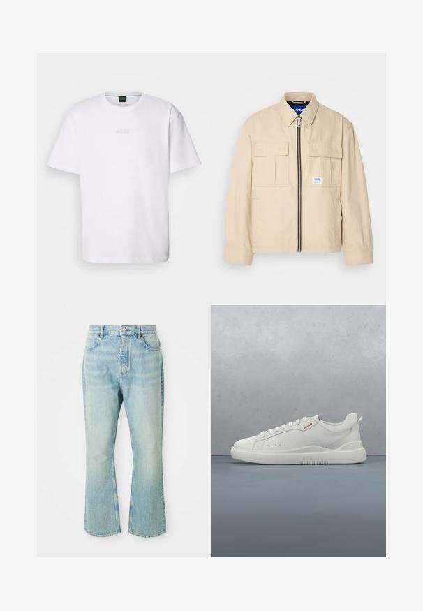 Chaqueta beige con cremallera frontal, dos bolsillos en el pecho y una pequeña etiqueta de marca. Fabricada en una tela suave y ligera.; Camiseta de algodón blanca de manga corta, con escote redondo y logotipo grabado de "BOSS" en el pecho. Textura suave, ajuste estándar.; Jeans de mezclilla de color azul claro, acampanados y de cintura alta, con cinco bolsillos, trabillas para el cinturón y un acabado desgastado.; Zapatilla blanca con un acabado de cuero liso, punta redonda, cuatro ojales, perforaciones sutiles y un detalle de logo rojo en el lateral.