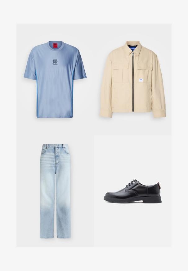 Beige Jacke mit einem Frontreißverschluss, zwei Brusttaschen und einem kleinen Markenetikett. Hergestellt aus einem glatten, leichten Stoff.; Helles blaues Sport-T-Shirt mit strukturiertem Muster, Rundhalsausschnitt, kontrastierenden blauen Seiteneinsätzen und grauem Logo auf der Brust.; Hellblaue, hoch taillierte Jeans mit geradem Bein, Fronttaschen, Gürtelschlaufen und einem Knopfverschluss.; Schwarze Leder-Schnürschuhe mit glatter Textur, rundem Zehenbereich und dezenten Ziernähten. Mit einem roten Laschenband an der Ferse.