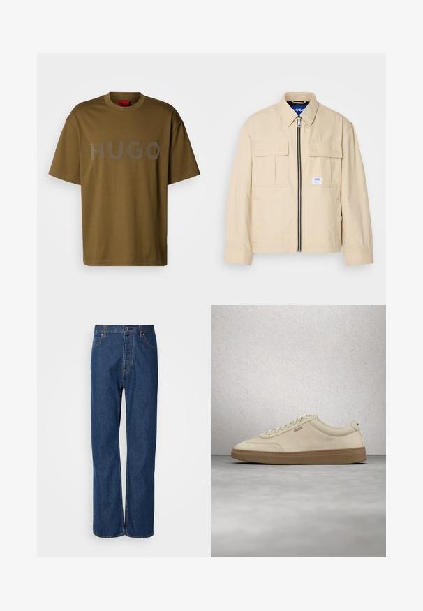 Beige Jacke mit einem Frontreißverschluss, zwei Brusttaschen und einem kleinen Markenetikett. Hergestellt aus einem glatten, leichten Stoff.; Olivgrünes Baumwoll-T-Shirt mit Rundhalsausschnitt und kurzen Ärmeln, das auf der Vorderseite mit einem großen grauen "HUGO"-Logo bedruckt ist.; Blaue Jeans aus Denim mit geradem Bein, ausgestattet mit einem Knopfverschluss, fünf Taschen und kontrastierenden Nähten entlang der Säume.; Hellbeiger Wildledersneaker mit Gummisohle, auffälligen Schnürsenkeln und dezenten Nahtdetails. Sauberes Design mit minimalistischem Ästhetik.