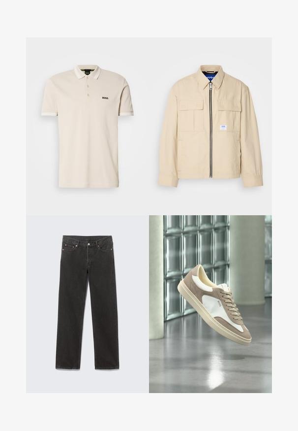 Chaqueta beige con cremallera frontal, dos bolsillos en el pecho y una pequeña etiqueta de marca. Fabricada en una tela suave y ligera.; Camisa polo beige con cuello, tapeta de tres botones y logo negro bordado en el lado izquierdo del pecho. Mangas cortas con acentos blancos.; Vaqueros de mezclilla negros de pierna recta con bolsillos frontales, trabillas para cinturón y cierre de botón, colocados planos sobre un fondo gris.; Zapatilla de ante beige y blanca con cordones y el logo "BOSS", flotando sobre un suelo de hormigón pulido con paredes de bloques de vidrio al fondo.