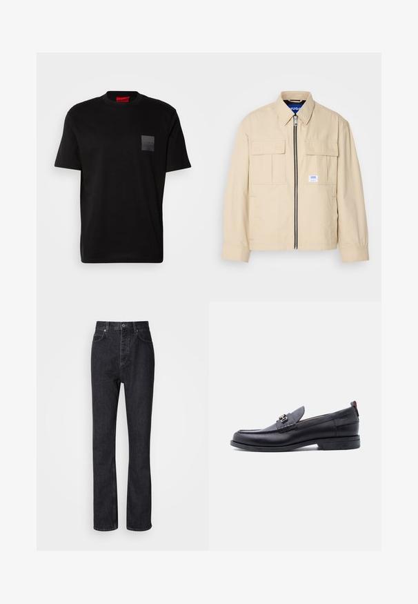 Beige Jacke mit einem Frontreißverschluss, zwei Brusttaschen und einem kleinen Markenetikett. Hergestellt aus einem glatten, leichten Stoff.; Schwarzes Baumwoll-T-Shirt mit Rundhalsausschnitt, versehen mit einem strukturierten schwarzen Patch mit Logo auf der linken Brust. Kurze Ärmel und entspannter Schnitt.; Hochtaillierte schwarze Jeans aus Denim mit Knopf- und Reißverschluss, Vorder- und Hintertaschen sowie einer geraden Passform.; Schwarzer Lederloafer mit grauem, strukturiertem Vorderblatt, silberner Metallschnalle, niedrigem Absatz und Zuglasche hinten.