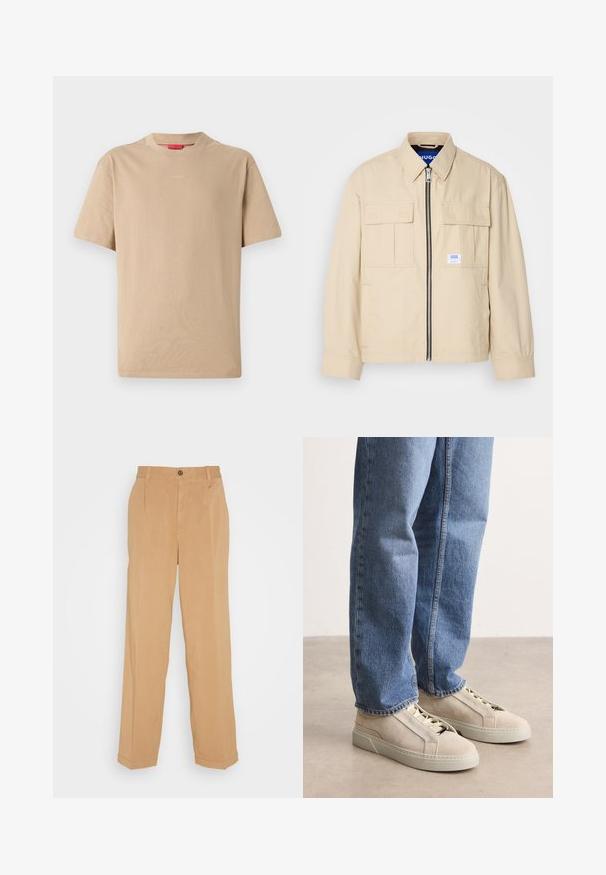 Vaaleanbeige takki, jossa on etuvetoketju, kaksi rintataskua ja pieni brändilogo. Valmistettu sileästä, kevyestä kankaasta.; Beige puuvillane T-särk lühikeste varrukatega, ümar kaelus ja delikaadne "HUGO" logo keskel. Sile tekstuur, lõdvestatud istuvus.; Hiekanväriset leveälahkeiset housut, jotka on valmistettu pehmeästä kankaasta. Niissä on kaksi etutaskua, napitus ja poimutukset lahkeiden sivuilla.; BOSS GARYTENN_SDHDEL - Matalavartiset tennarit - natural ten