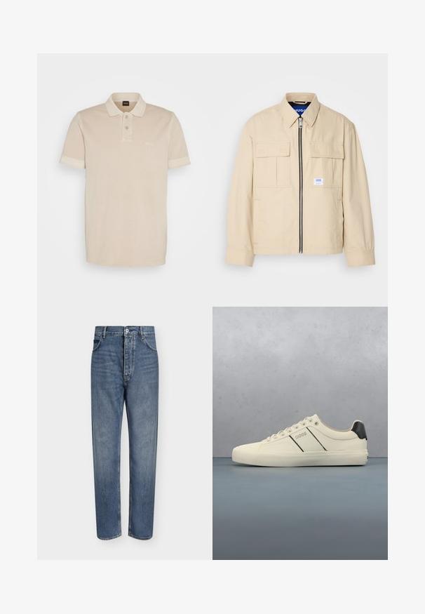 Beige Jacke mit einem Frontreißverschluss, zwei Brusttaschen und einem kleinen Markenetikett. Hergestellt aus einem glatten, leichten Stoff.; Beige Poloshirt aus weicher Baumwolle. Es verfügt über einen klassischen Kragen, zwei Knöpfe und ein kleines gesticktes Logo auf der Brust.; Gerade geschnittene blaue Jeans aus Denim mit hoher Taille, Frontknopfverschluss und Fünf-Taschen-Design auf einem schlichten hellen Hintergrund.; Cremfarbene Sneaker mit glatter Oberfläche, die schwarze Akzente und Markenlogo aufweisen. Klassisches Schnürdesign mit runder Zehenform und Gummisohle.
