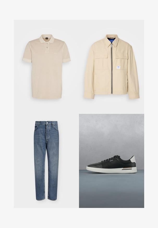 Beige Jacke mit einem Frontreißverschluss, zwei Brusttaschen und einem kleinen Markenetikett. Hergestellt aus einem glatten, leichten Stoff.; Beige Poloshirt aus weicher Baumwolle. Es verfügt über einen klassischen Kragen, zwei Knöpfe und ein kleines gesticktes Logo auf der Brust.; Gerade geschnittene blaue Jeans aus Denim mit hoher Taille, Frontknopfverschluss und Fünf-Taschen-Design auf einem schlichten hellen Hintergrund.; Schwarze Ledersneaker mit weißer Sohle, ausgestattet mit Perforationen, Schnürdesign, Logo an der Seite und kontrastierenden Fersendetails in Weiß und Braun.