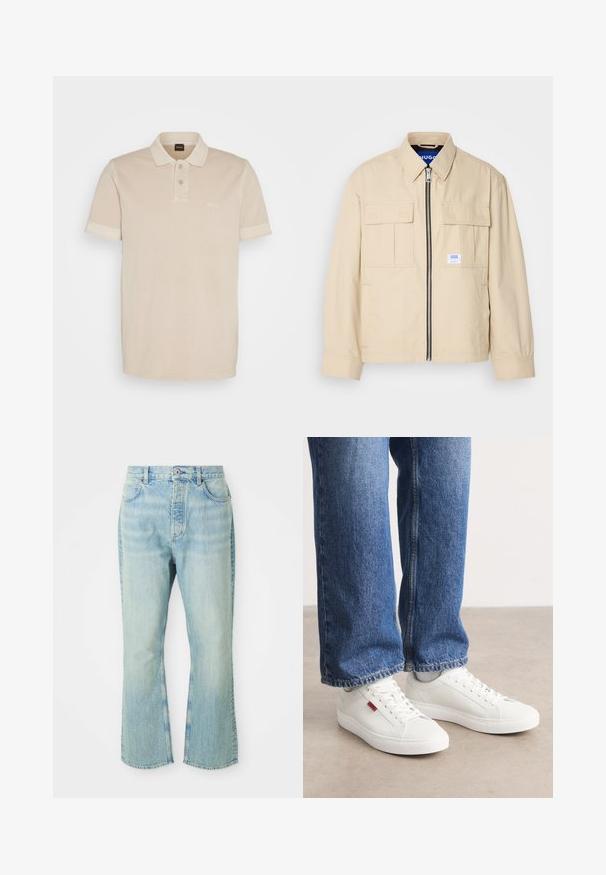Beige jakke med lynlås foran, to brystlommer og en lille brandingetiket. Fremstillet af et glat, let materiale.; Beige polo-shirt lavet af blødt bomuld. Den har en klassisk krave, to knapper og et lille broderet logo på brystet.; Lysblå denim flared jeans med høj talje, der har fem lommer, bæltestropper og en toned vævning.; Hvide sneakers med en glat overflade, rund tå og flad sål. Accompaneret af blå denim jeans med en lige pasform og synlige sømme.