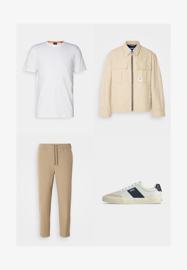 Beige jas met een voorkleurige rits, twee borstzakken en een klein merkembleem. Gemaakt van een gladde, lichtgewicht stof.; Witte katoenen T-shirt met ronde hals, korte mouwen en een subtiel reliëflogo op de borst. Het binnenlabel heeft een oranje accent.; Beige, taps toelopende broek met een elastische tailleband en een trekkoord. Glad materiaal met een strakke uitstraling en zonder zichtbare patronen of hardware.; Witte lage sneaker met beige neus, donkerblauwe zijstreep met label BOSS, witte veters en rubberen zool op een neutrale achtergrond.
