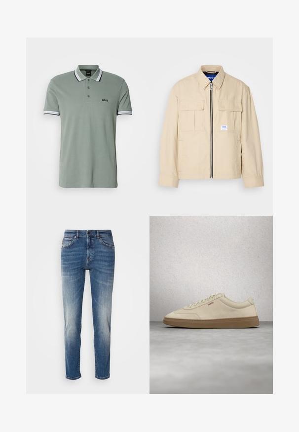Beige jakk, millel on esiküljel tõmblukk, kaks rinna taskut ja väike brändi silt. Valmistatud siledast, kergest kangast.; Kerge roheline polo-särk, millel on klassikaline krae, kolme nupuga lohk ja triibulised aktsendid varrukatel. Rinna peal "BOSS" logo.; Sinine denimist valmistatud teksapükse sirge sääre kujundusega, kerge kulumisefektiga, klassikalise viie-taskuga stiiliga ning lukuga, millel on nupp sulgemiseks.; Helebeežist beežist pastellseemisnahast toss, kummisest kummist tallaga, silmapaistvate paelte ja peenikeste õmblustega. Puhas disain minimalistliku esteetikaga.