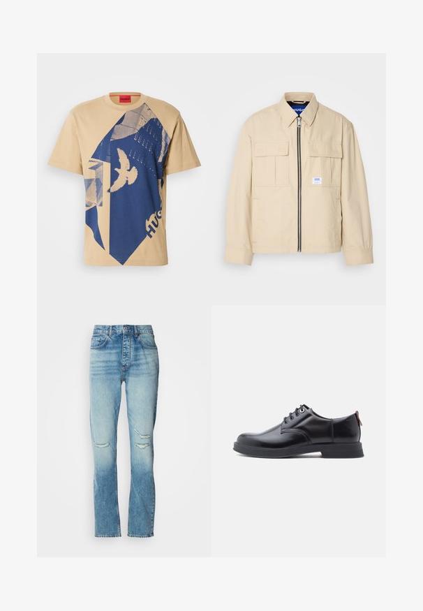 Beige Jacke mit einem Frontreißverschluss, zwei Brusttaschen und einem kleinen Markenetikett. Hergestellt aus einem glatten, leichten Stoff.; Beige Baumwoll-T-Shirt mit blauem geometrischem Muster und einem Vogelmotiv. Rotes Etikett mit "HUGO" am Halsausschnitt. Kurze Ärmel, Rundhalsausschnitt.; Damen Jeans in mittelhoher Taillenhöhe, blauer Farbton mit dezenter Waschung, zerstörte Stellen an beiden Knien, gerade Beinform und klassisches Fünf-Taschen-Design.; Schwarze Leder-Schnürschuhe mit glatter Textur, rundem Zehenbereich und dezenten Ziernähten. Mit einem roten Laschenband an der Ferse.
