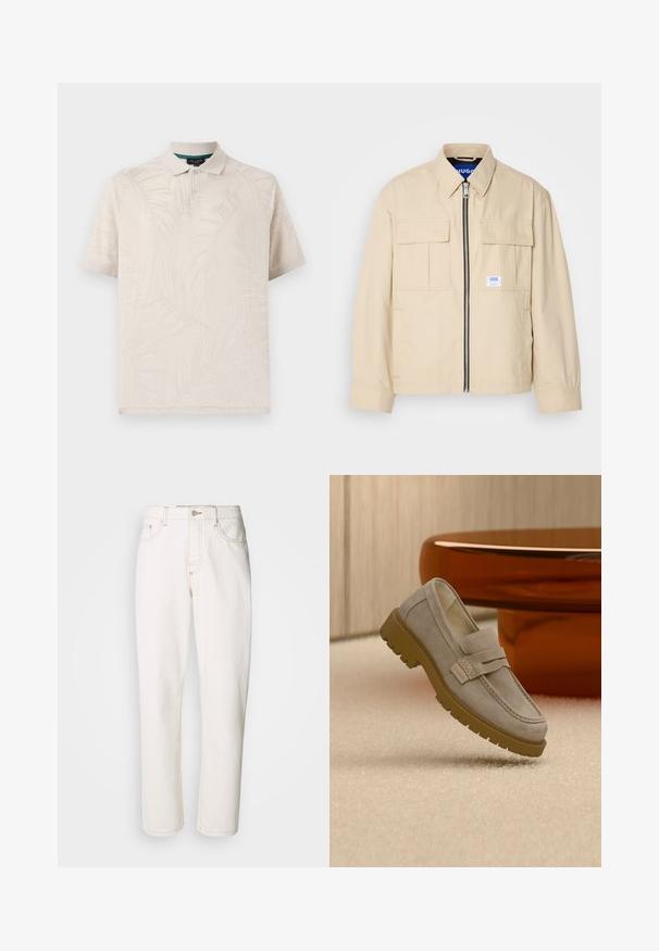 Chaqueta beige con cremallera frontal, dos bolsillos en el pecho y una pequeña etiqueta de marca. Fabricada en una tela suave y ligera.; Polo beige hecho de una tela texturizada que presenta un sutil patrón de hojas de palma. Tiene un cuello clásico y dos botones en el cuello.; Vaqueros de mezclilla blanca con un diseño de pierna recta, que presentan costuras cosidas, un cierre de botón metálico y una construcción estándar de cinco bolsillos.; Mocasín de ante gris claro con suela gruesa de goma marrón colocado sobre una alfombra beige frente a una mesa redonda marrón desenfocada.